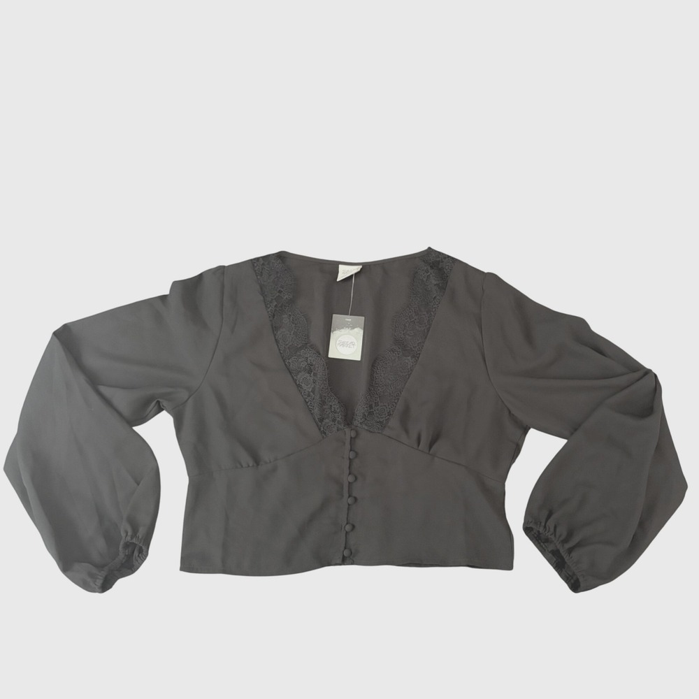 NEW Thread Market Cropped Chiffon V-Neck Top L Black Lace Trim Blouse‎ Coquette